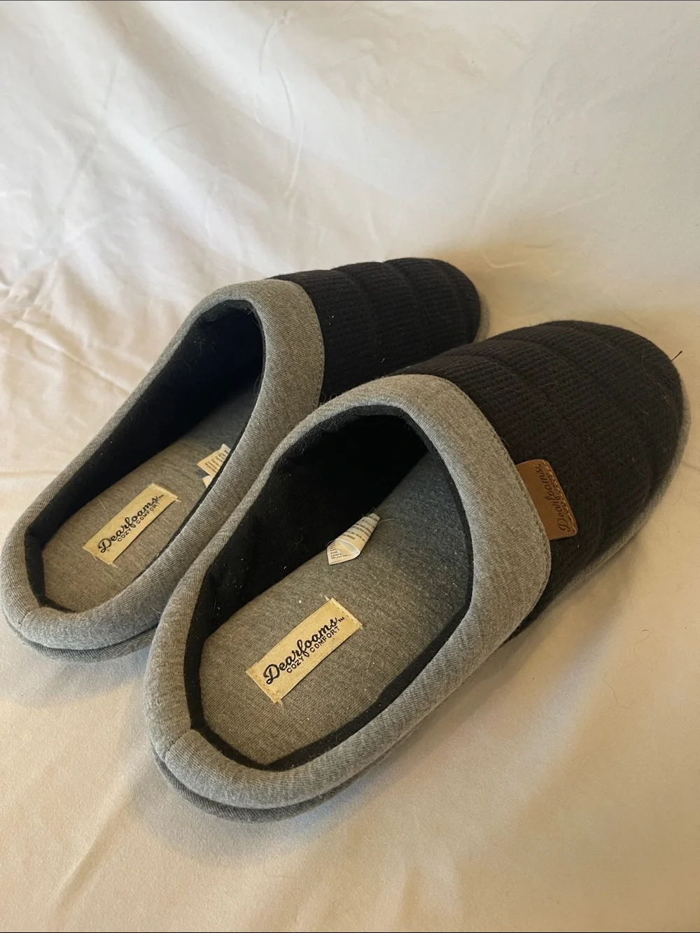 Men's Black Slip-On Quilted House Shoes with Grey Trim dearfoams